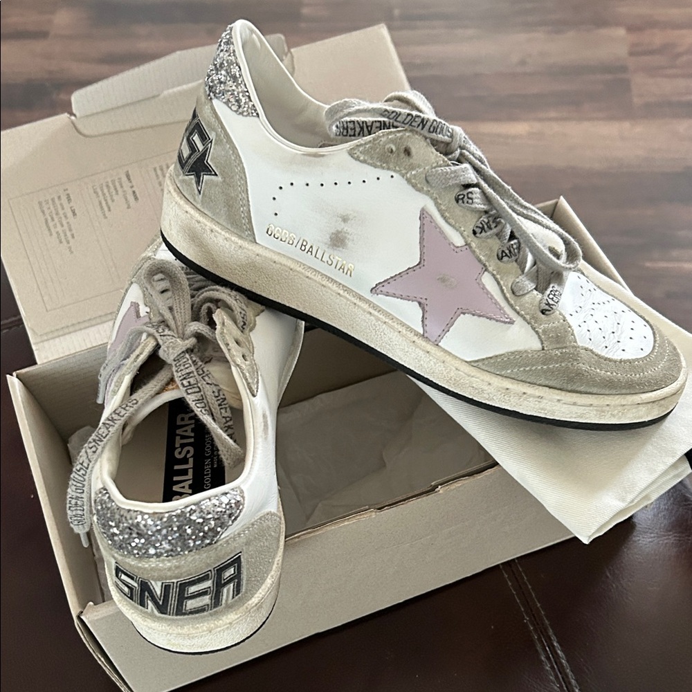 Golden Goose White Sneakers with Pink Star and Silver Heel